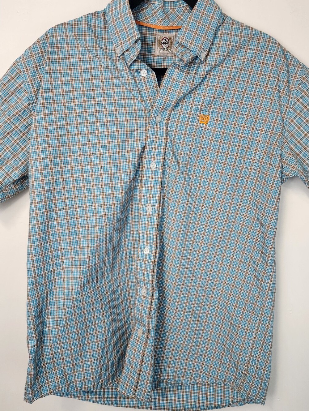 Cinch Men's Sz Small Blue Orange Plaid Button-Down Shirt Western Cowboy Rodeo